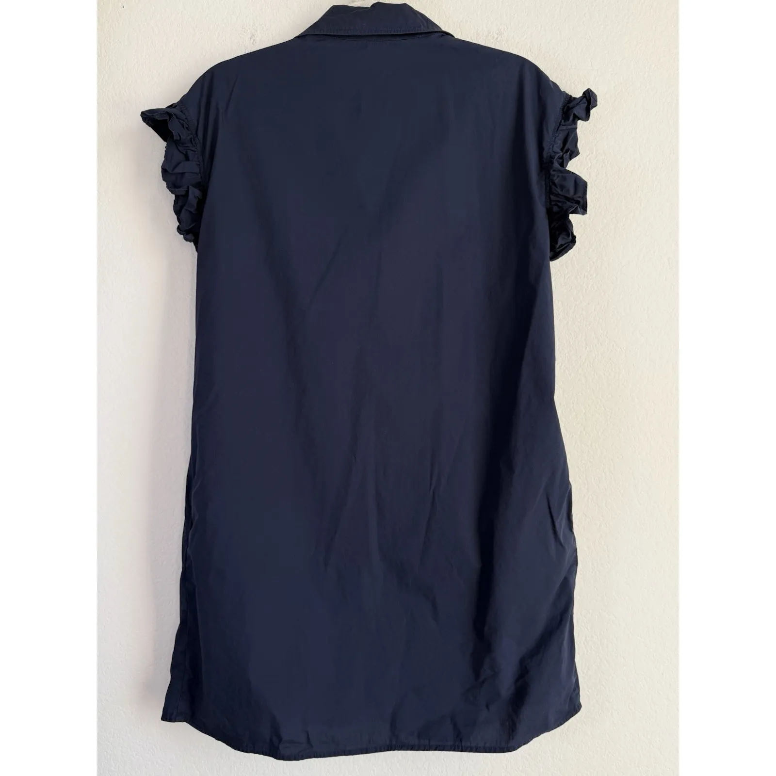 Avara Dress Women's Large Navy Button Up Ruffle Sleeve Smocked Yoke Pockets Blue - Image 2