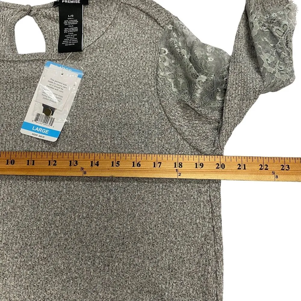 Premise Womens Large Heather Grey Ribbed Shark Bite Hem Lace Sleeve Pullover Top - Image 11