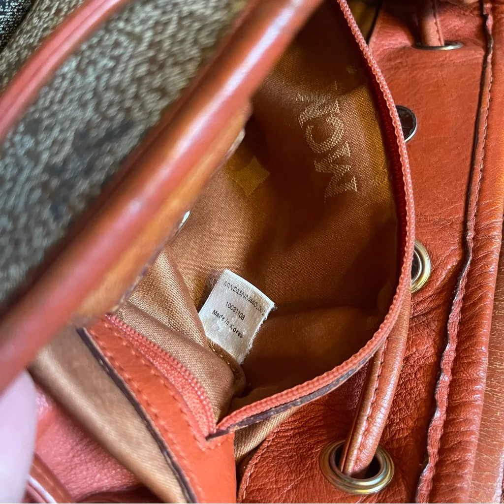 MCM Visetos Jacquard Bucket Bag Drawstring Crossbody Shoulder Brown Orange - Image 8