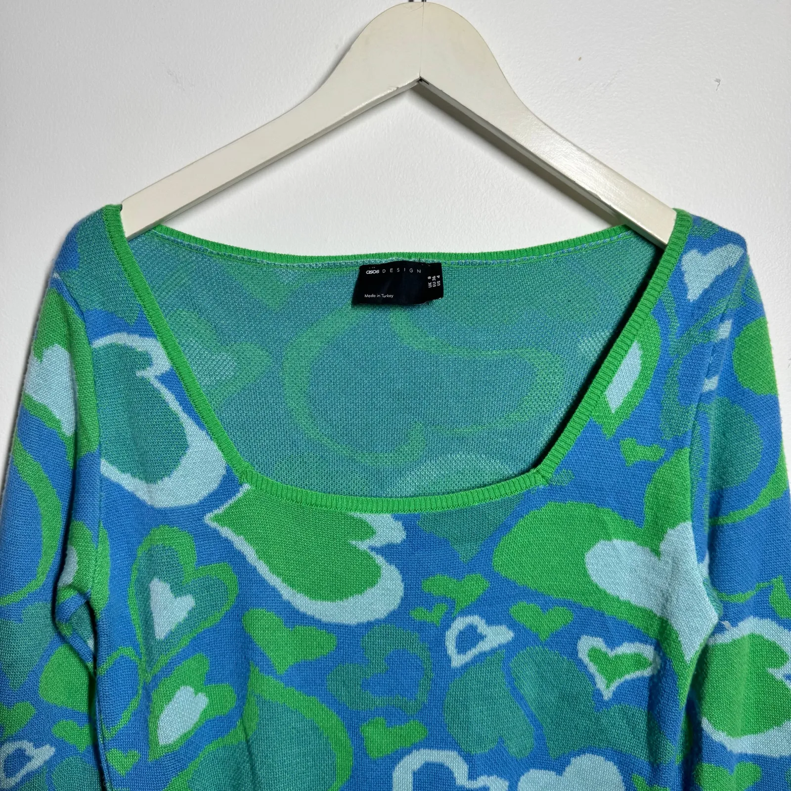 ASOS Design Top Women 4 Blue Green Wavy Heart Square Neck Lightweight 3/4 Sleeve - Image 3