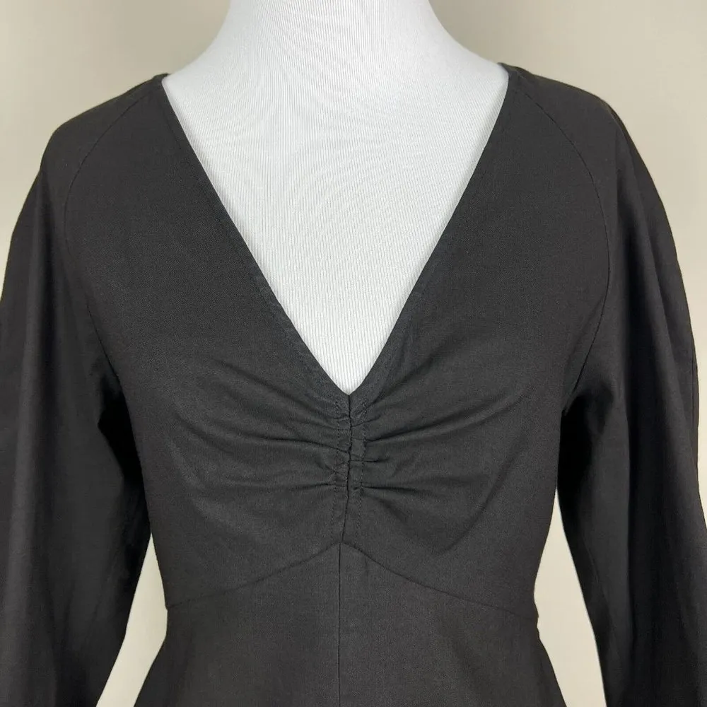 A.L.C. Dress Women 4 Black Alia Linen Stretch Blend Long Puff Sleeve V-Neck Mini - Image 9