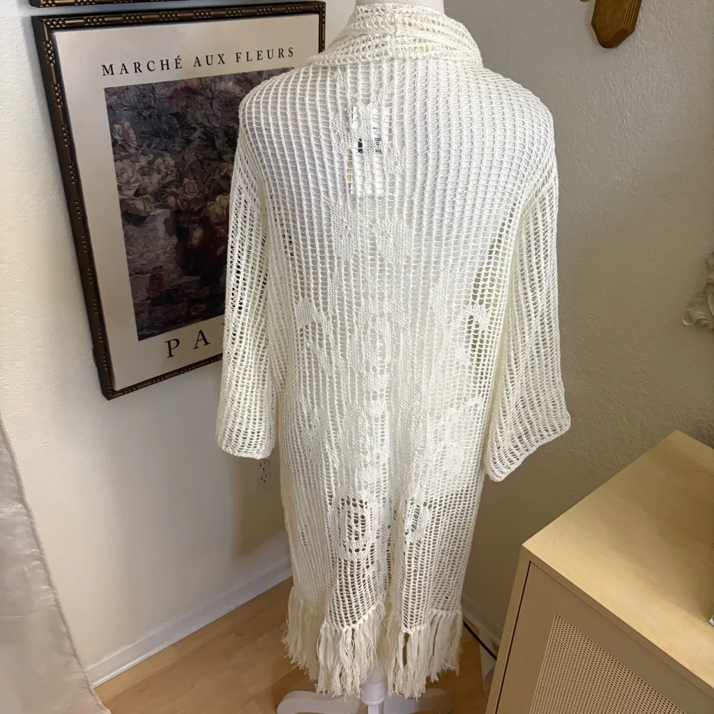 DENIM & SUPPLY Ralph Lauren Cream Crochet Fringe Kimono Cardigan Boho Size Large - Image 5