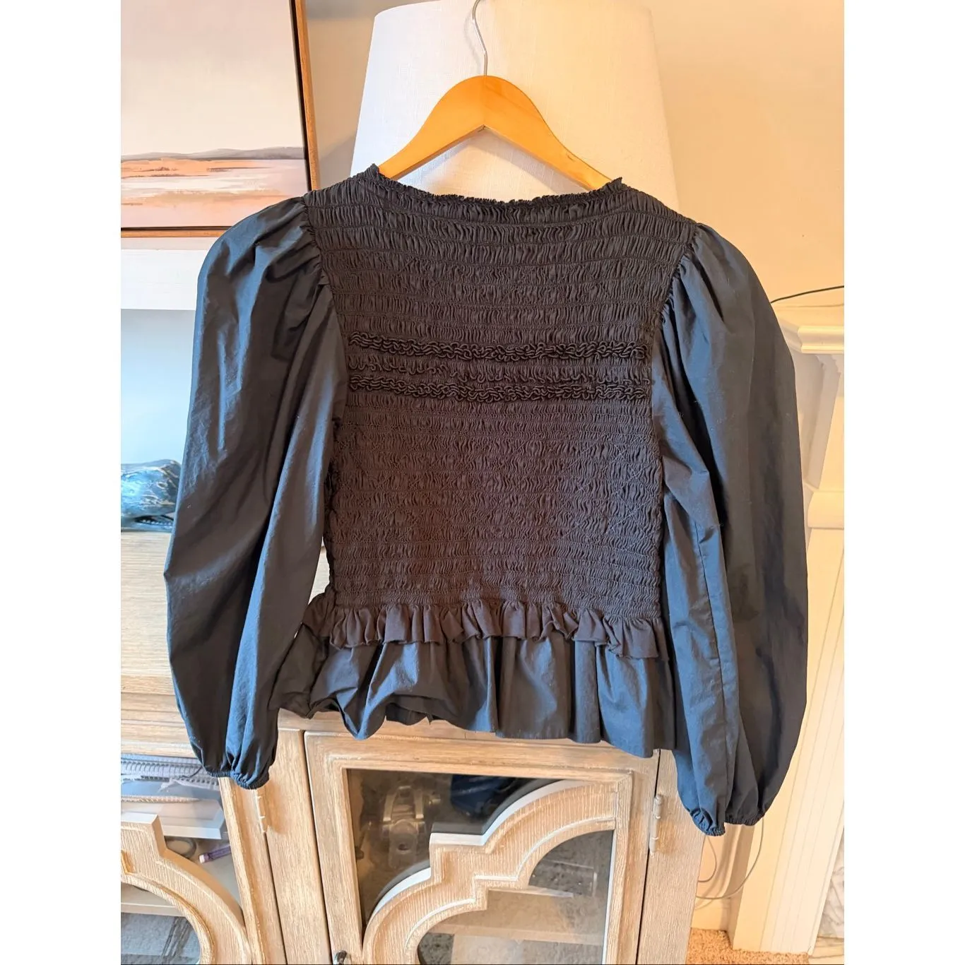 Ulla Johnson Amelia smocked cotton-jersey and poplin blouse in black Size 6 - Image 5