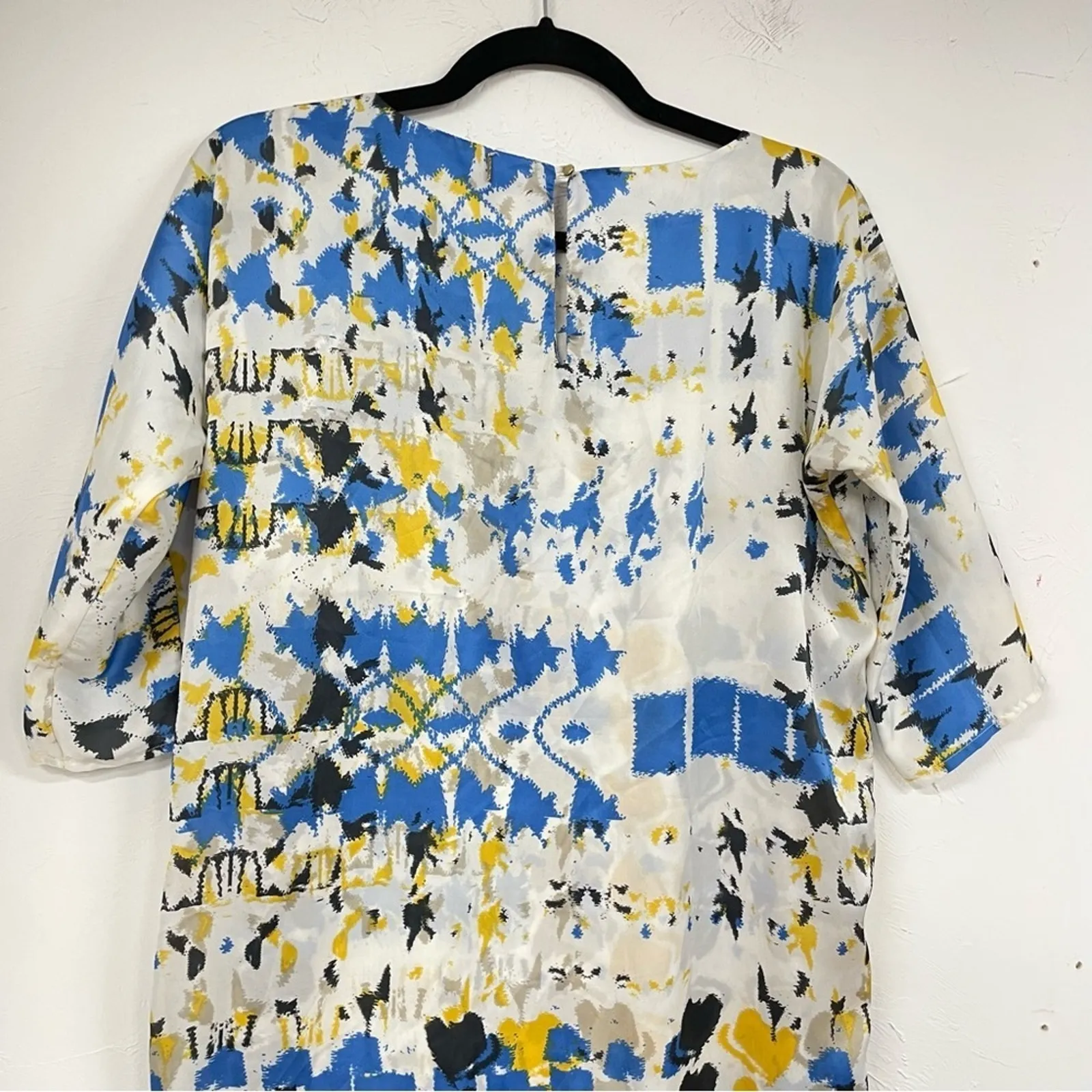 Misa T Bags Los Angeles Blue & Yellow Silk Mini Shift Dress XS Short Sleeve - Image 10