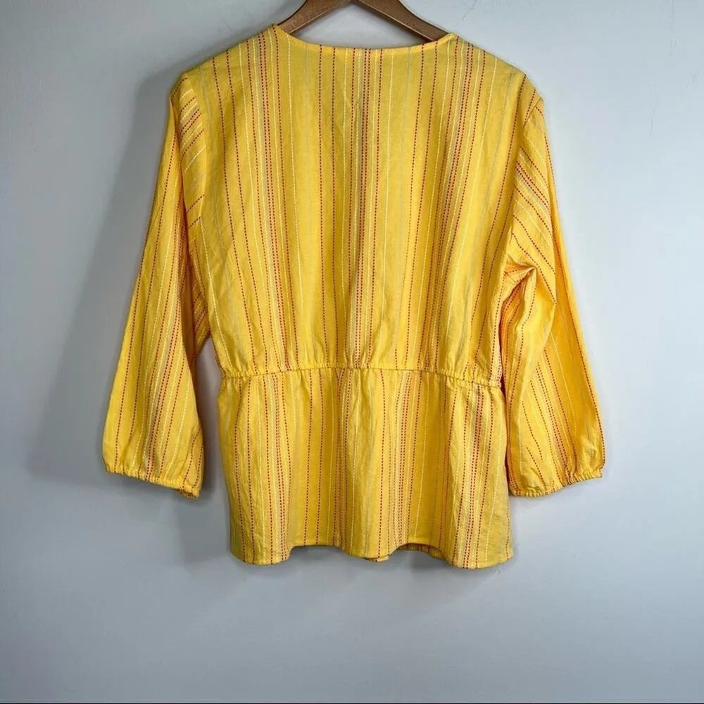 Time and Tru yellow embroidered stripe V neck long sleeve wrap blouse large NEW - Image 3