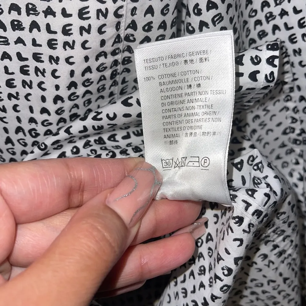 Balenciaga Micro Brand Print Cotton Blouse White Black Logo Button Down - Image 13