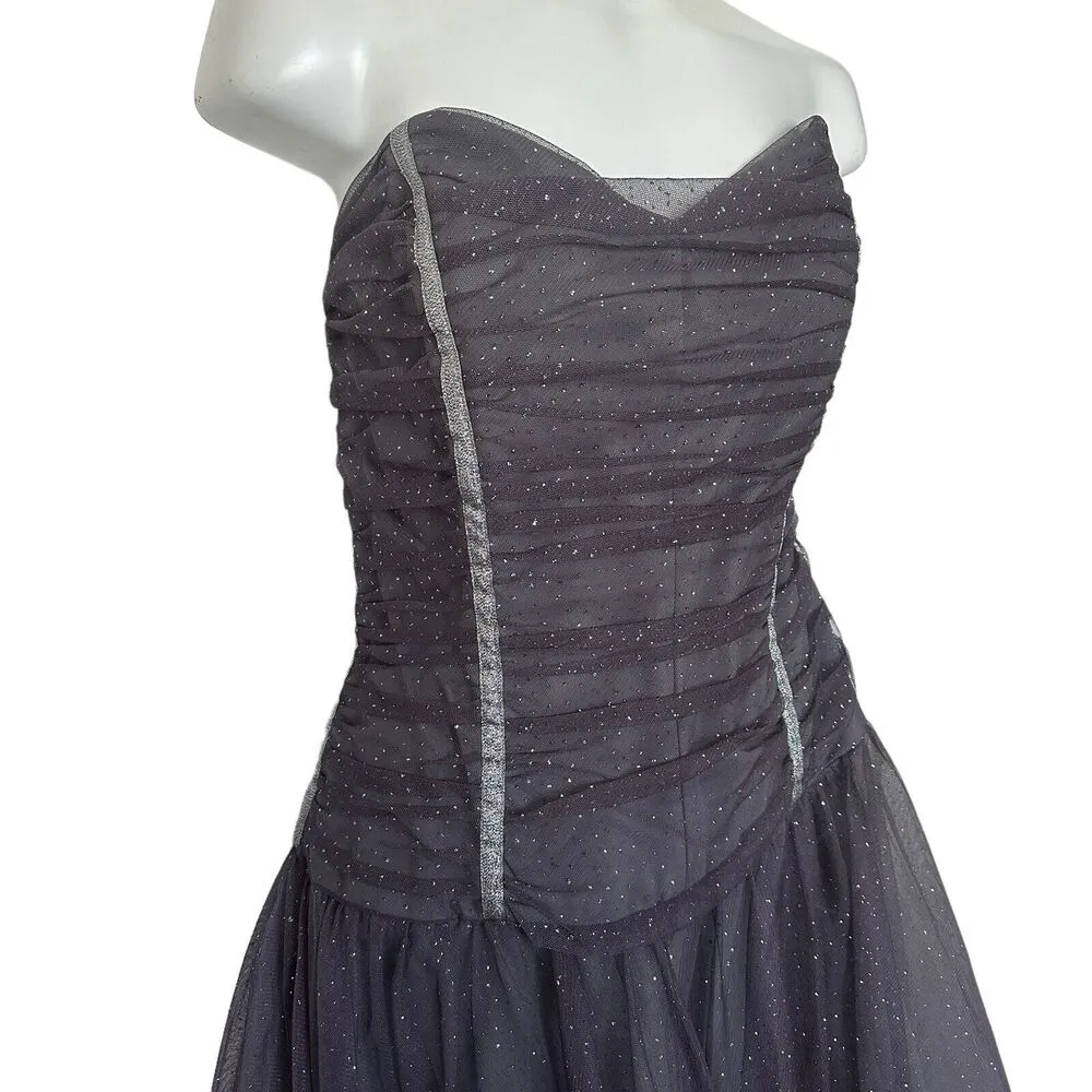 Betsey Johnson Vintage Y2K Sweetheart Strapless Dress Size 8 Gray Tulle Sparkle - Image 4