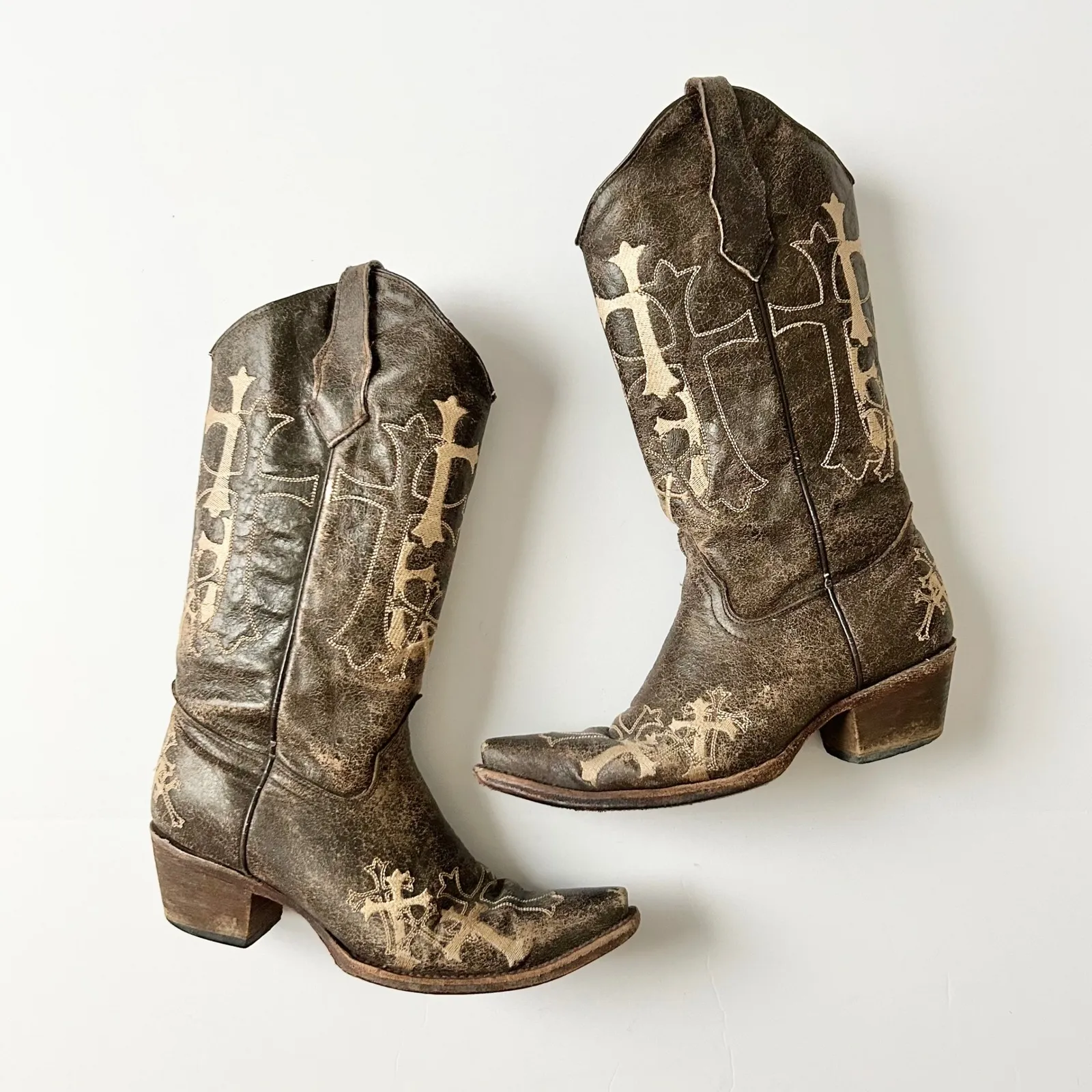 Circle G Womens Western Boots Brown Leather Cross Embroidery Square Toe Size 9 - Image 11