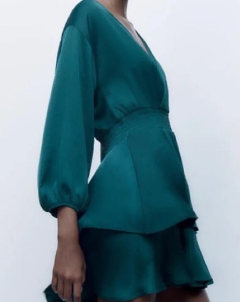 NWT Zara Teal Long Sleeve Satin Mini Dress Elastic Waist Ruffled Hem V-Neck M - Image 4