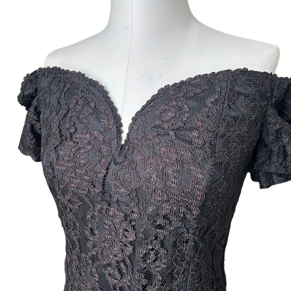 Vintage 80s LBD Lace Sheath Cocktail Party Dress Off the Shoulder Black 12 Glam - Image 3