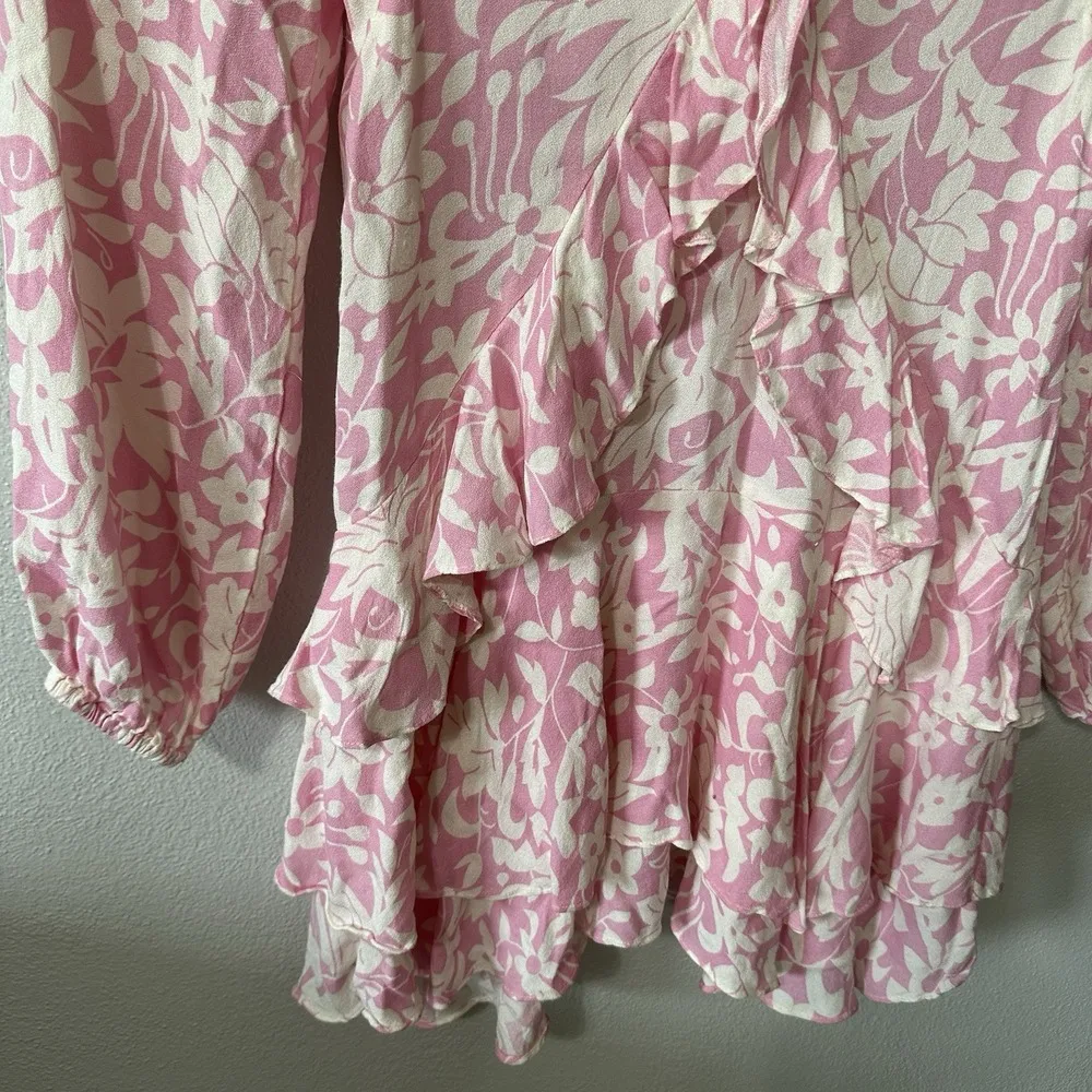 Free People Rebecca Floral Ruffled Mini Dress Bubblegum Pink Size XL Long Sleeve - Image 3