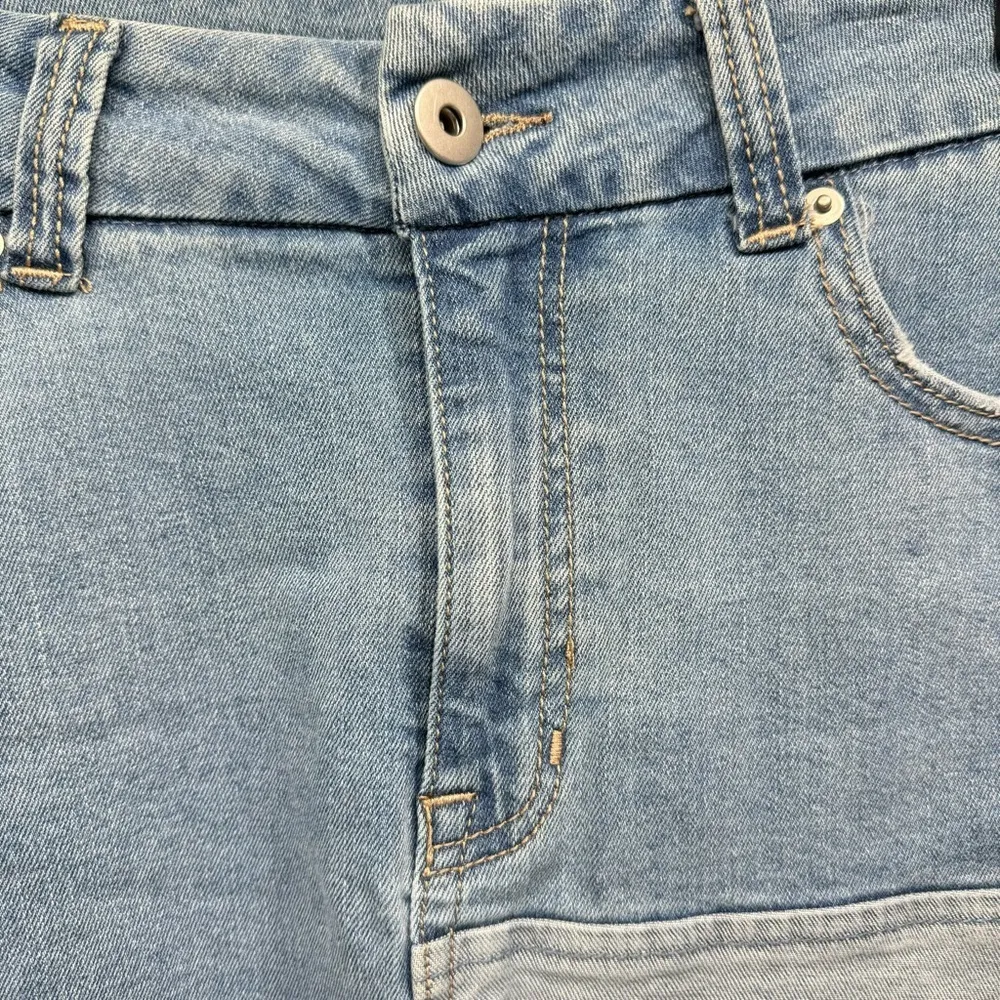 Patchwork Denim Y2K Frayed Fringe Raw Hem Mini Skirt No Boundaries NOBO Jeans - Image 4