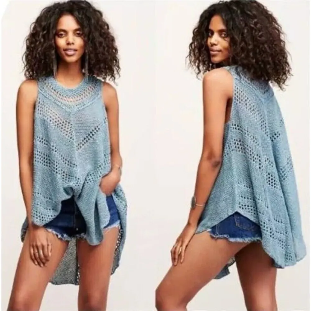 Free People Rhiannon Open Knit Crochet Sleeveless Sweater Tunic Top Linen Small - Image 2