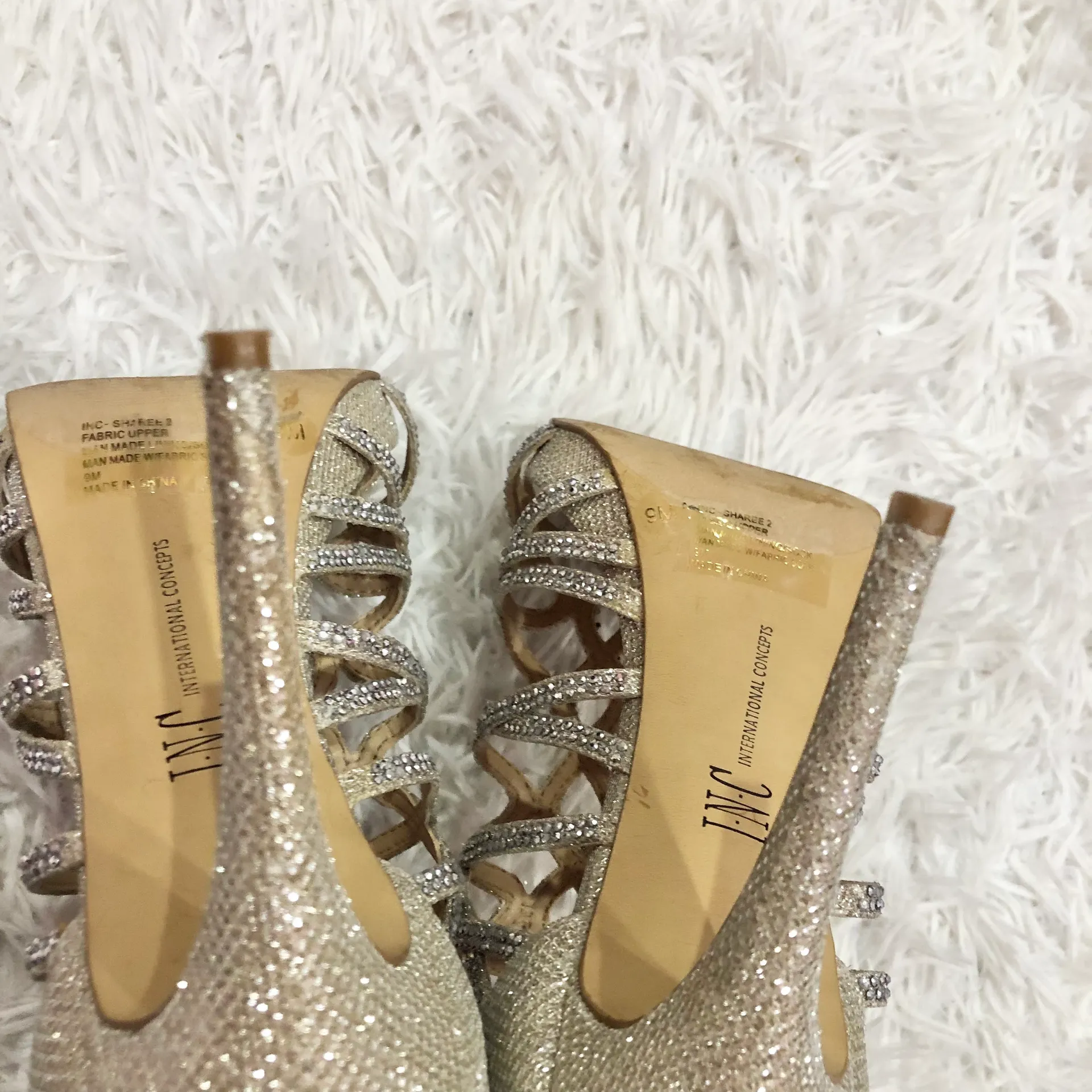 INC Sharee 2 Rhinestone Strappy Caged Heels Champagne Gold 9 - Image 7