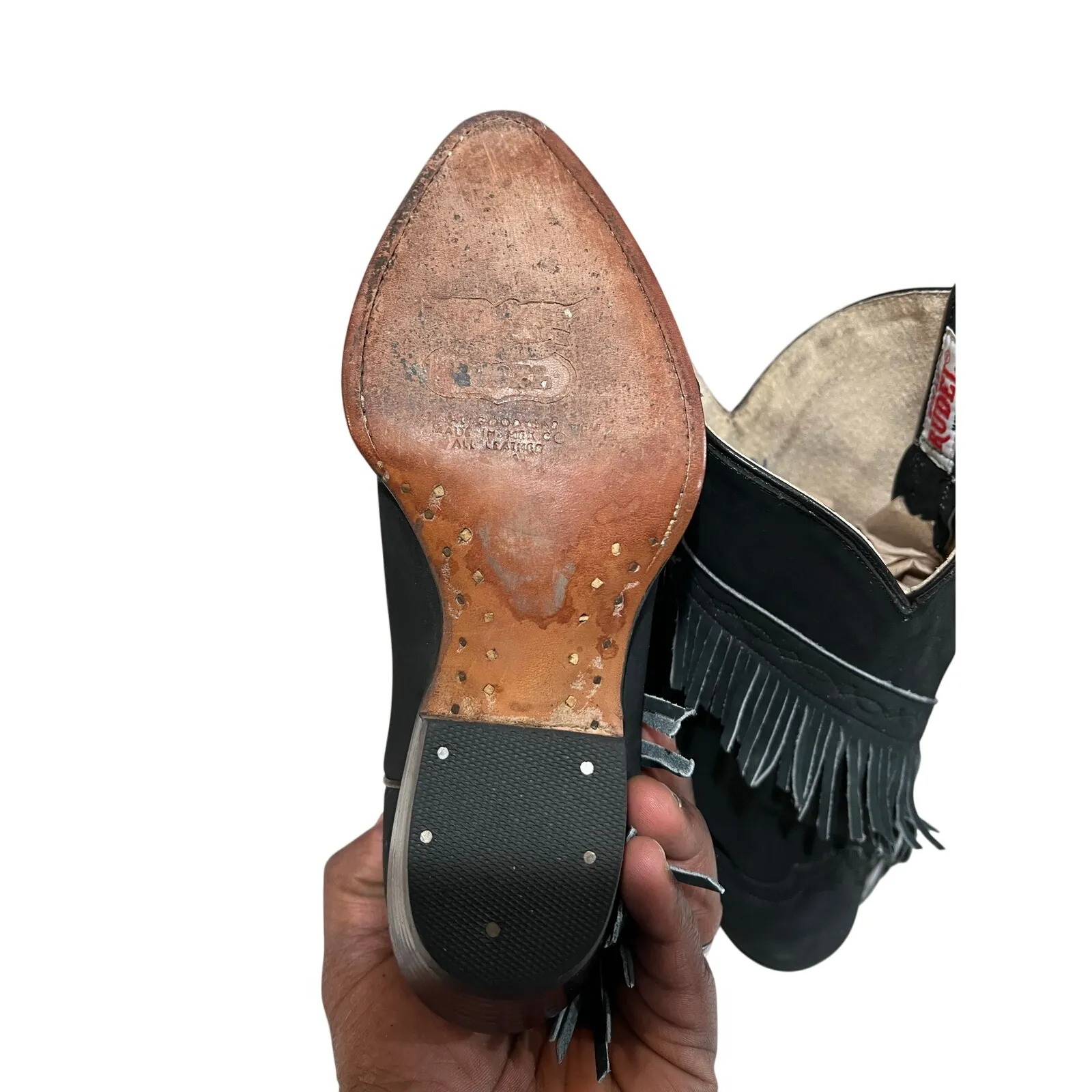 Rudel Black Leather Fringe Western Cowboy Boots Women’s 6.5 Handmade Mexico - Image 4