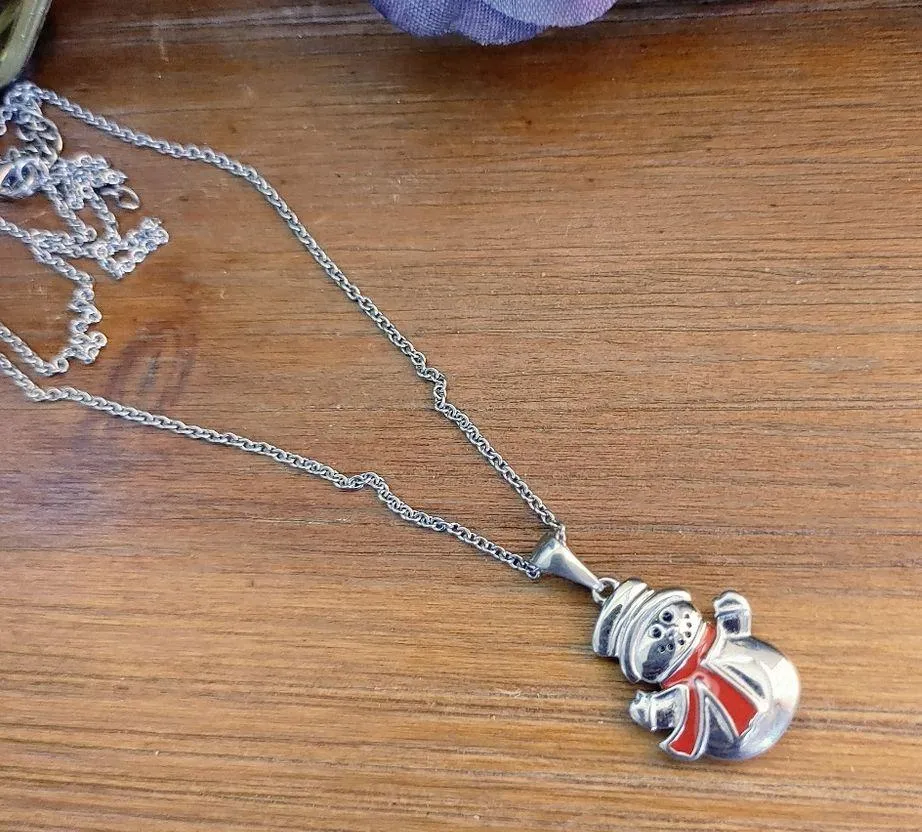 Silver Steel Christmas Snowman Pendant Necklace - Image 6