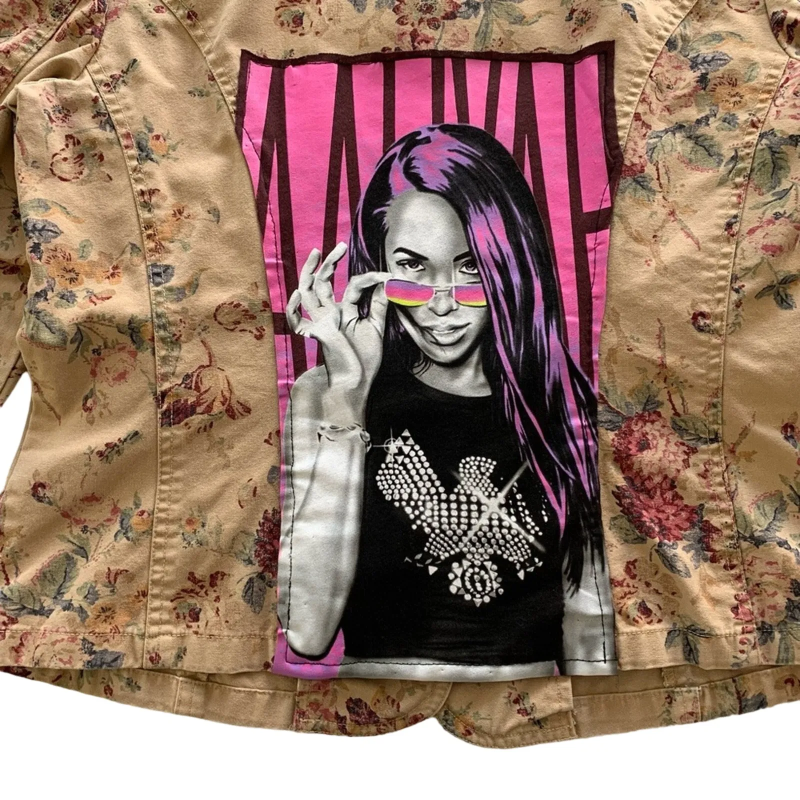 Via Penny Lane Reworked Apparel | Aaliyah Graphic Floral Jacket Large Tan - Image 2