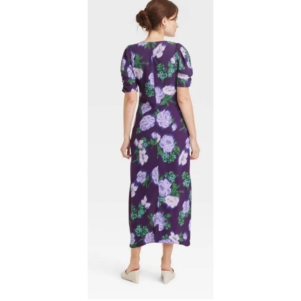 Women's Crepe Short Sleeve Midi Dress - A New Day Navy Floral S New - Image 3
