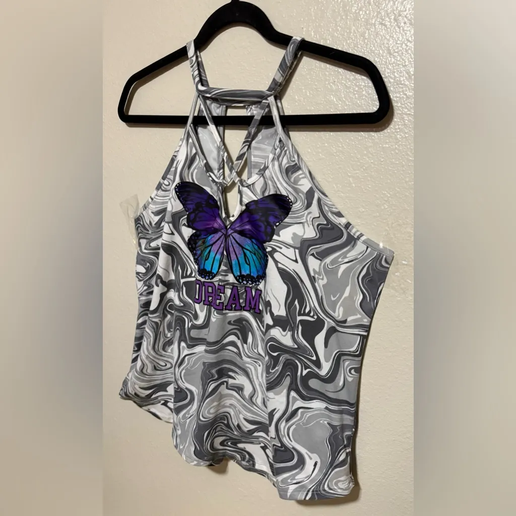 No Boundaries Dream Butterfly Halter Tank Top Marble Graphic Shirt Juniors - Image 3