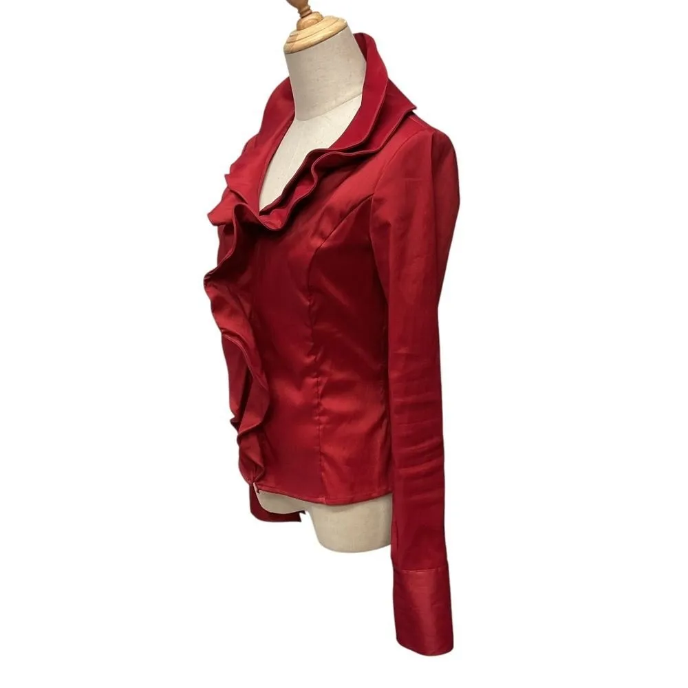 Samuel Dong Designer‎ Women's Satin Ruffle Long Sleeve Jacket Sz XS Red Holiday - Image 4