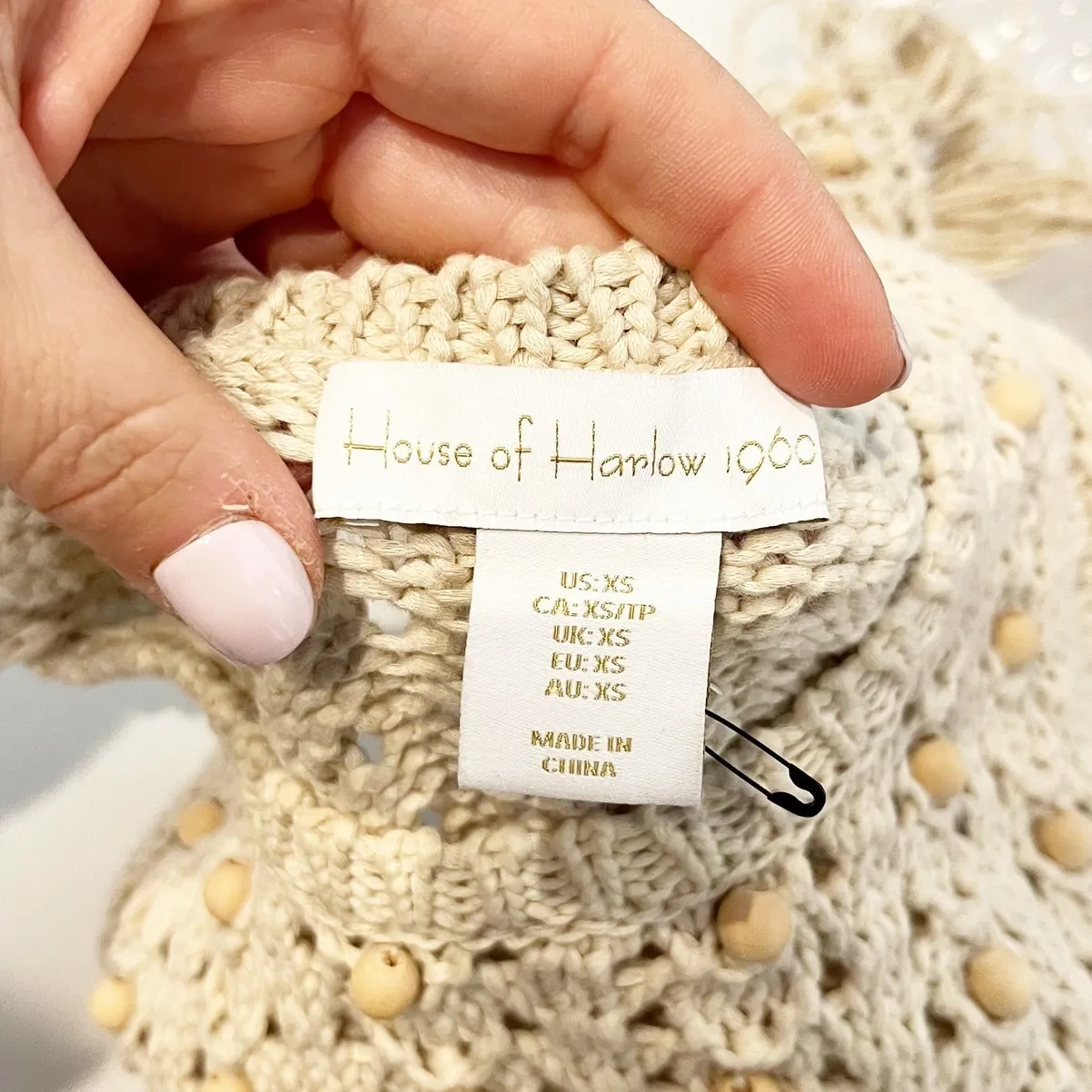 House of Harlow Wood Bead Beaded Fringe Hem Crochet Tank Top Tan XS - Image 3