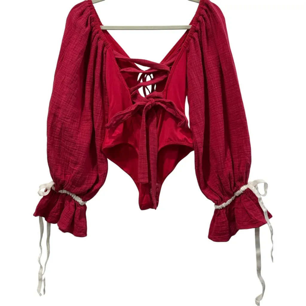 NEW Free People Bali Jolene Open Tie Back Balloon Sleeve Red Bodysuit XS‎ $128 - Image 6