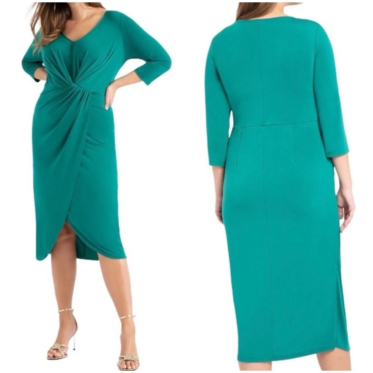 Eloquii Drape Front Stretch Midi Dress Emerald Green Vneck 18 Career Party - Image 2