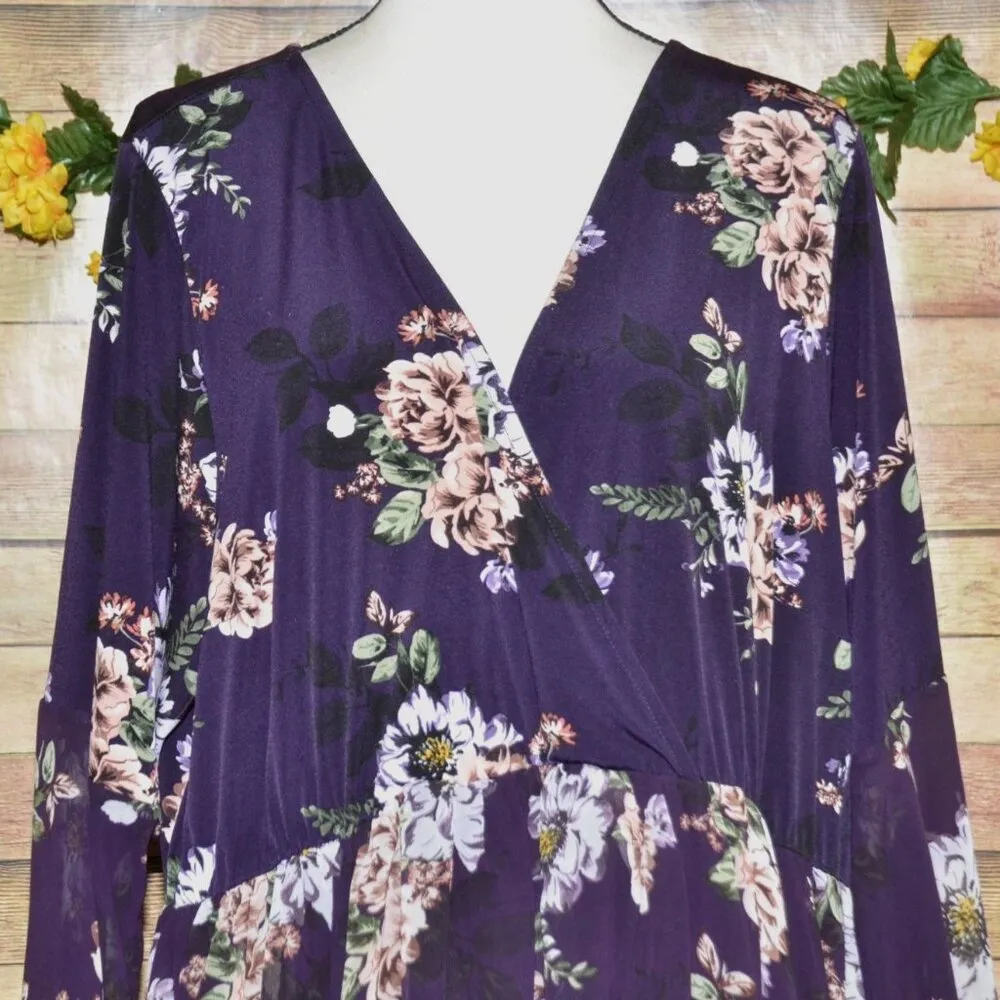 Torrid Purple Floral V-Neck Wrap Look Midi Dress Plus Size 4X Long Bell Sleeves - Image 2