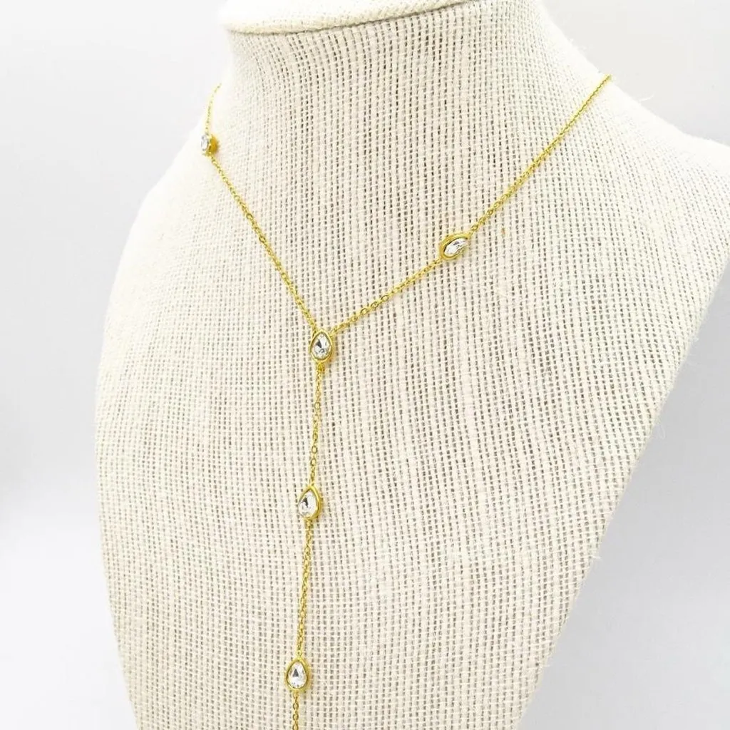 Gold Plated Crystal Teardrop Lariat Necklace - Image 2