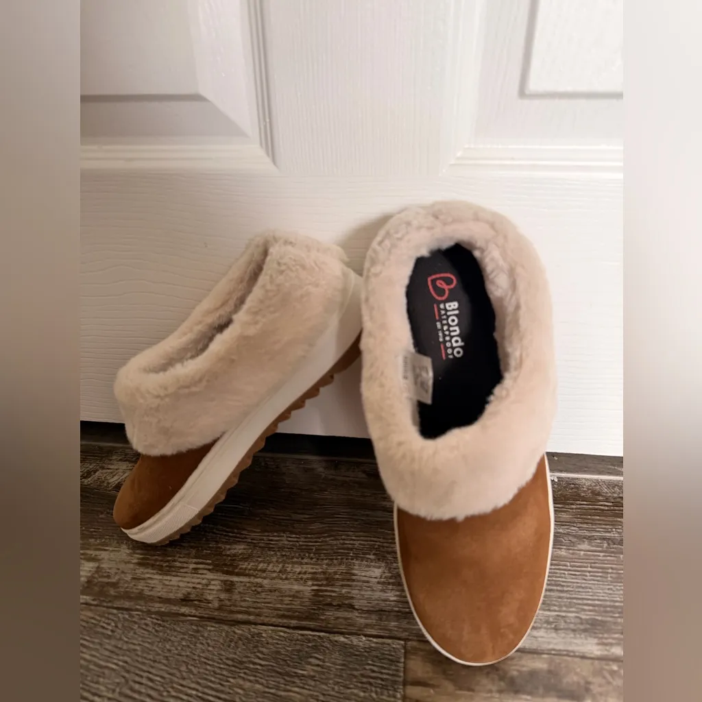 Blondo Waterproof Brown Suede Slip-On Slippers Faux Fur Lined Women's Size 7 - Image 2