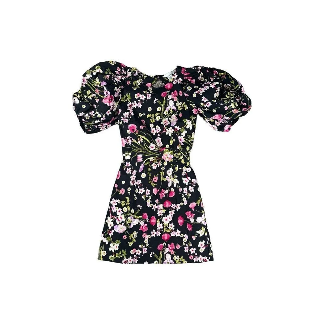 NWT h&m Open Tie backed Mini Dress Puff Sleeves Black/floral XS Cottagecore - Image 2