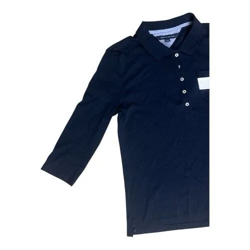 Tommy Hilfiger Blue Flag Logo Polo Shirt Size L Women 3/4-Sleeve Cotton Button - Image 3
