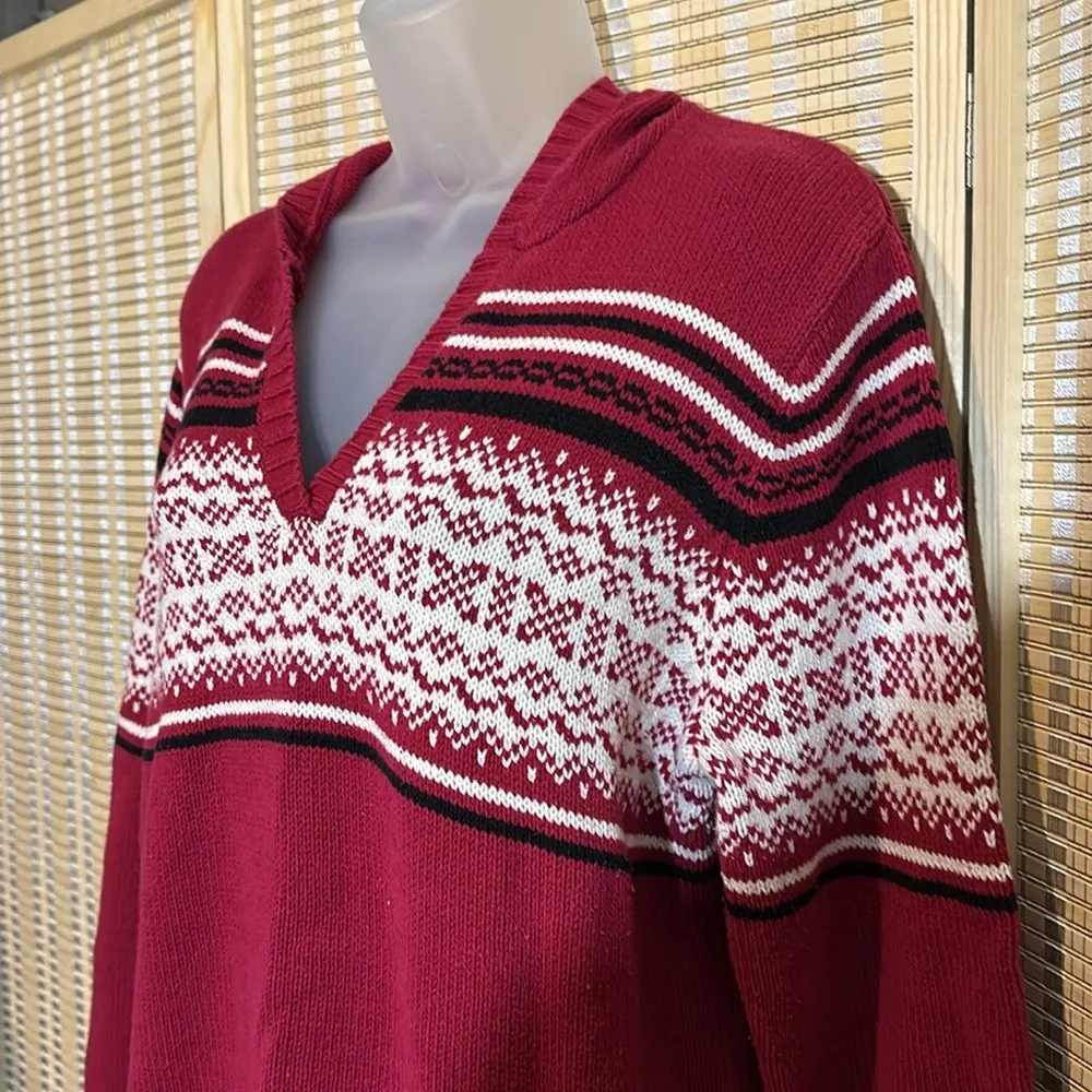 Sonoma Vintage Y2K Hooded Red White Black Vneck Glittery Knit Sweater Large - Image 4