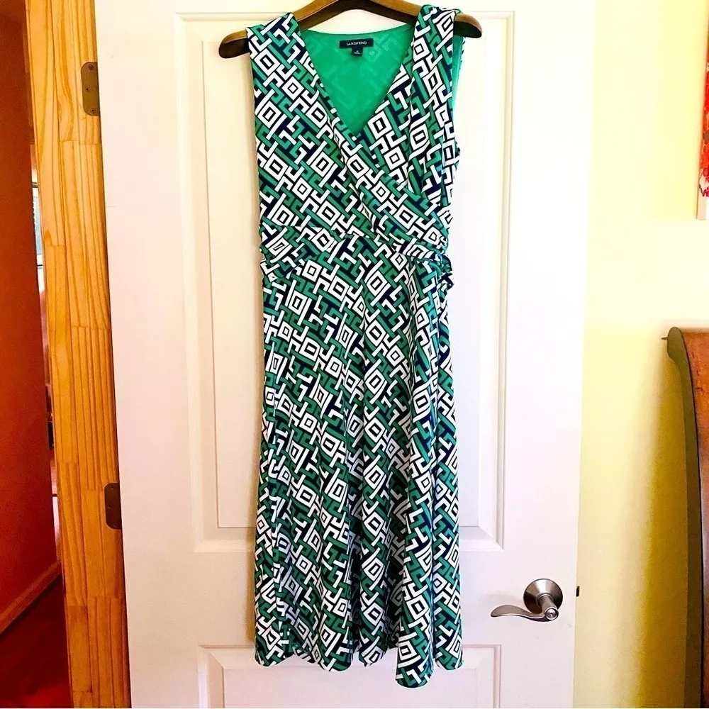 Lands End sleeveless geometric kelly green white faux wrap stretchy dress SMALL - Image 2
