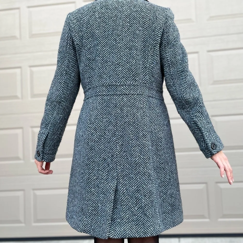 Coach Classic Houndstooth Leather Trim Wool Winter Pea Coat Medium - Image 5