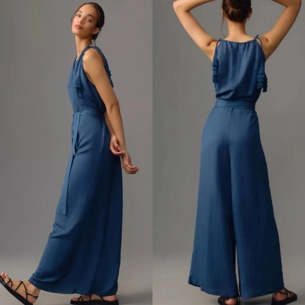 Anthropologie Cory Lynn Calter blue linen blend tassel wide leg‎ jumpsuit XXL - Image 2