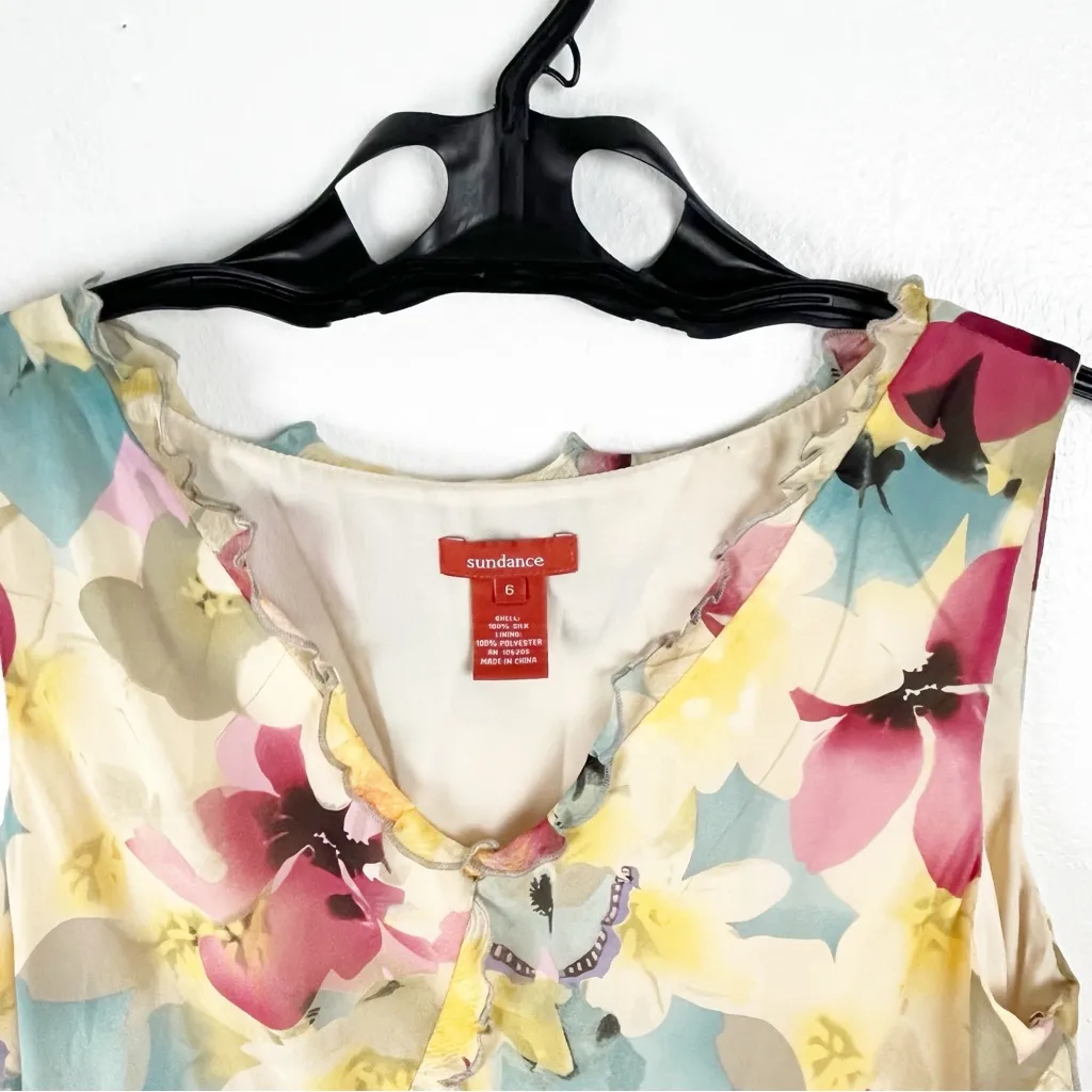 SUNDANCE 100% Silk Floral Ruffle Trim Detail V-Neck Lined Dress Size 6 - Image 4
