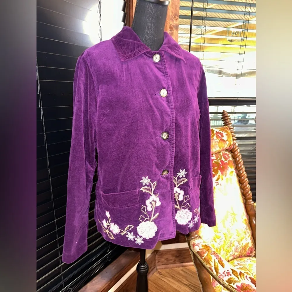 Vintage Purple Velvet Embroidery Flower Blazer with Pockets M Size M - Image 2