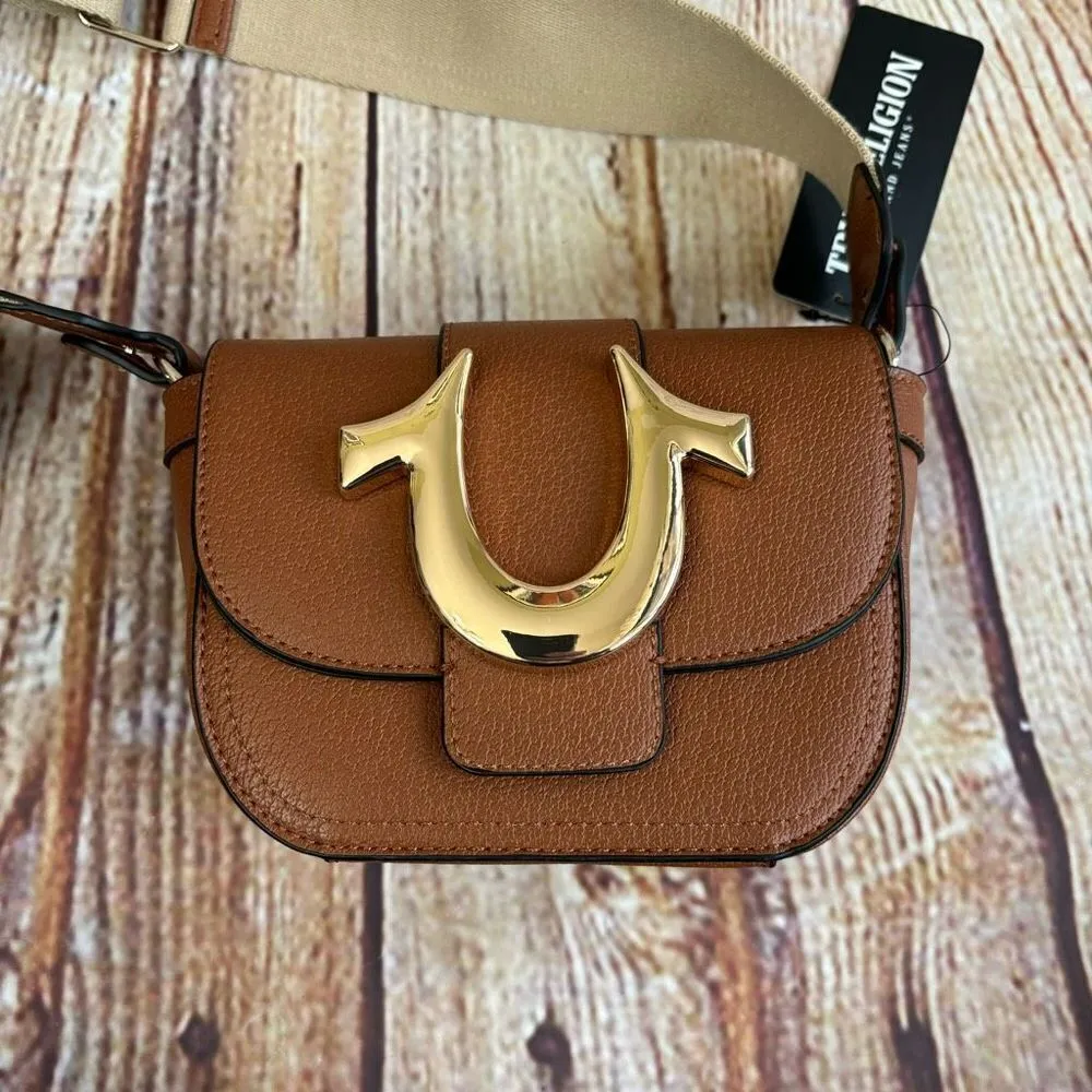 True Religion Mini Flap Crossbody Bag Purse Cognac Brown Gold Cream NWT - Image 4