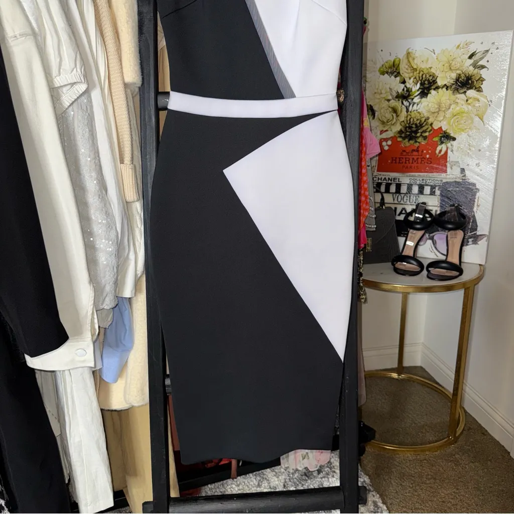 David Koma Black White Colorblock Asymmetrical Mesh Neoprene Midi Dress Size 8 - Image 5