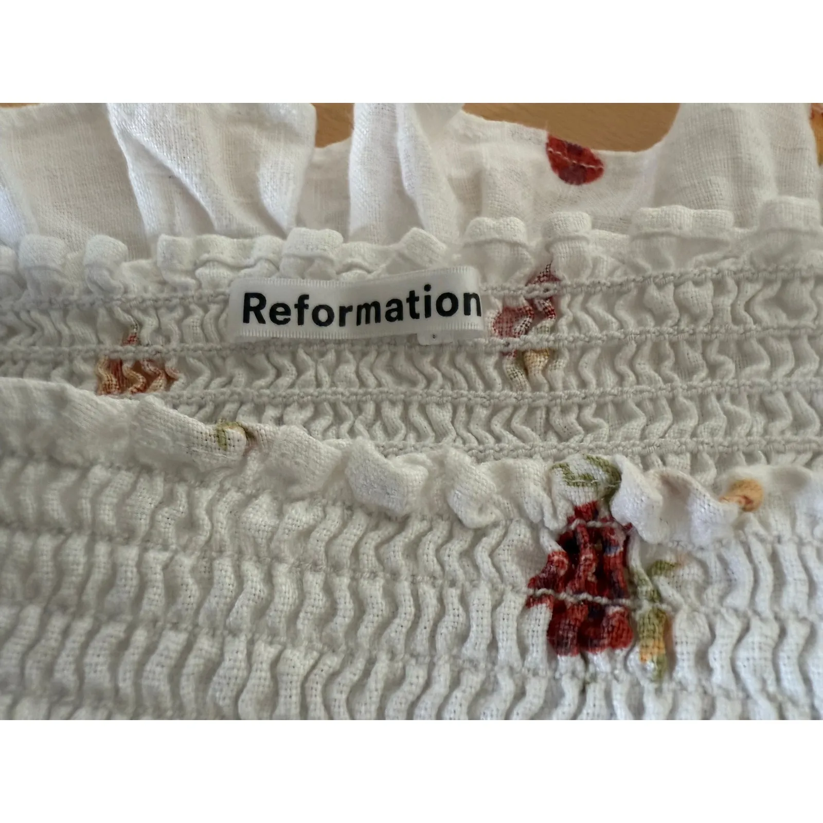 Reformation Tangerine Smocked Shirt Women’s Size Small Fruit Print - Image 5