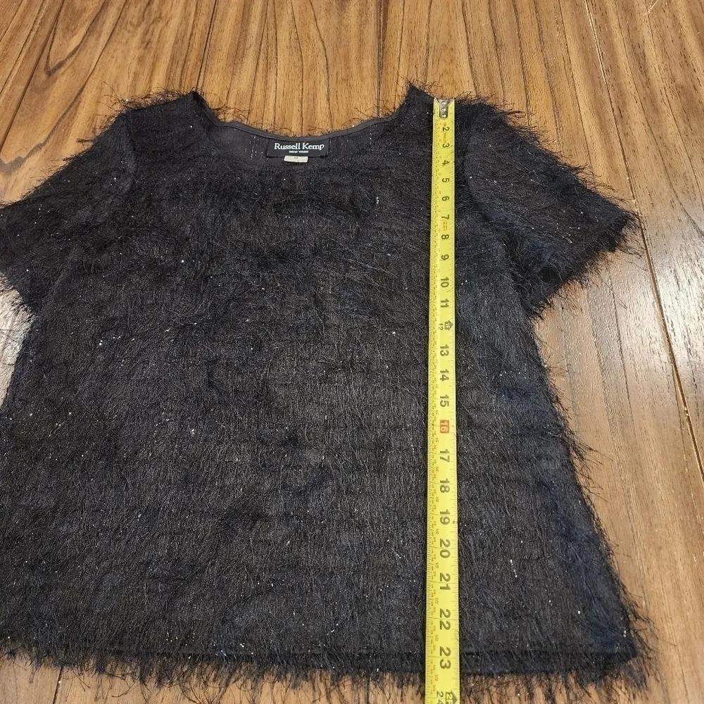 Vintage Russell Kemp Furry black shimmer short sleeve Party Event Top blouse Silver Size M - Image 3