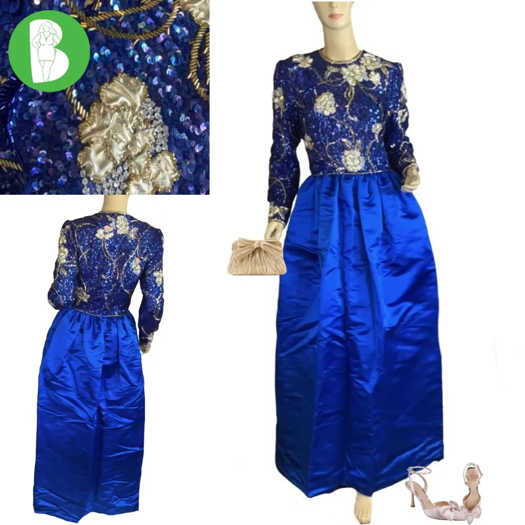 RICHILENE VINTAGE 1980'S BLUE, CREAM & GOLD SEQUIN & SATIN GOWN (S) Blue - Image 3