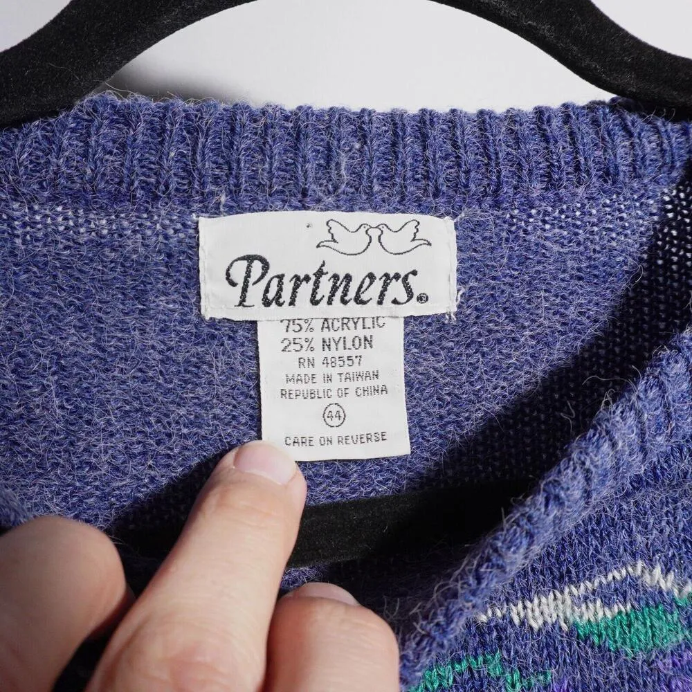 VTG Granny Cottage Core Sweater Periwinkle‎ Blue Pink Gma XL PARTNERS Retro - Image 2