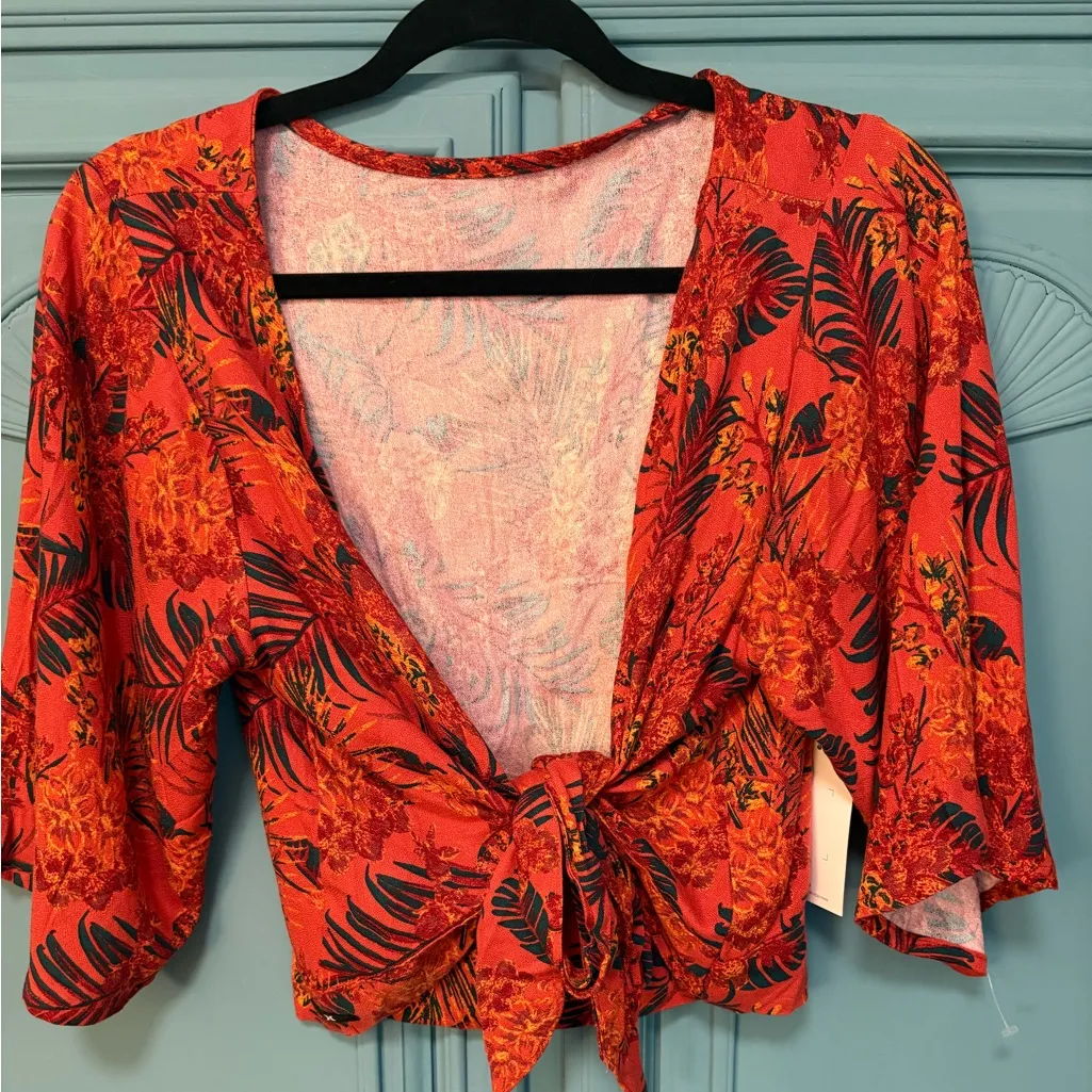 NWT Hurley Summer Palm Flounce Top orange red palm print - deep v tie back - Image 2