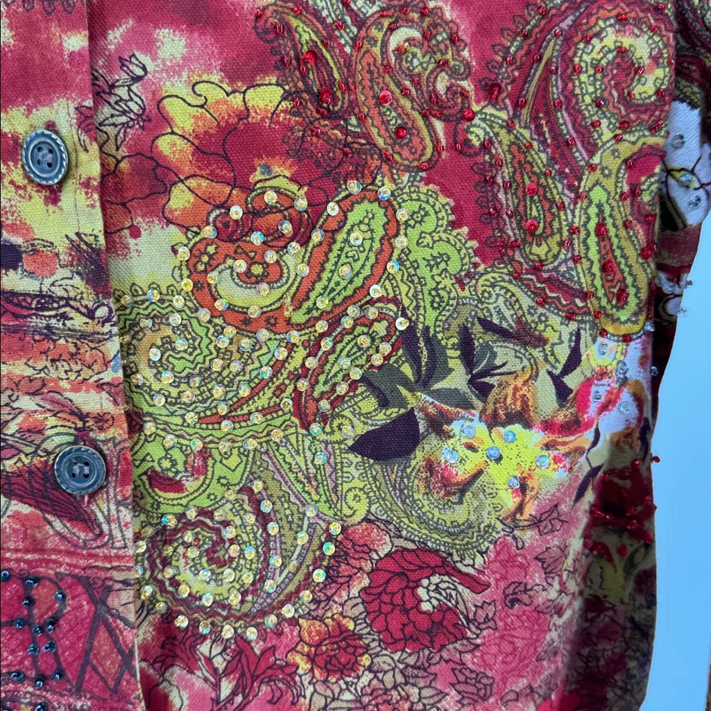Candy Couture Red Paisley Women's Blouse S cotton sequin beaded colorful LS - Image 10