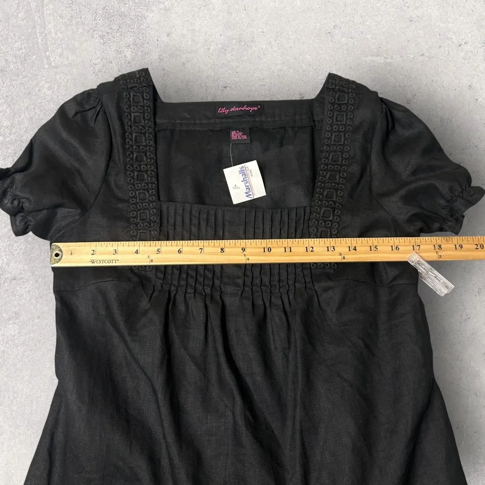 New Lily Stanhope Linen Top Women S Black Square Neck Pleated Puff Sleeve Blouse - Image 7
