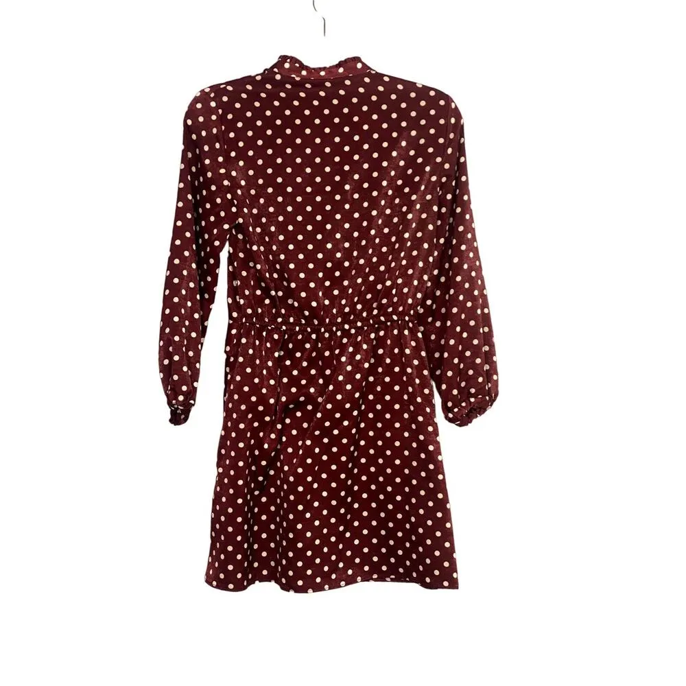 ZARA Polka Dot Button V Neck Mini Dress High Collar Elastic LongSleeves XS Brown - Image 6
