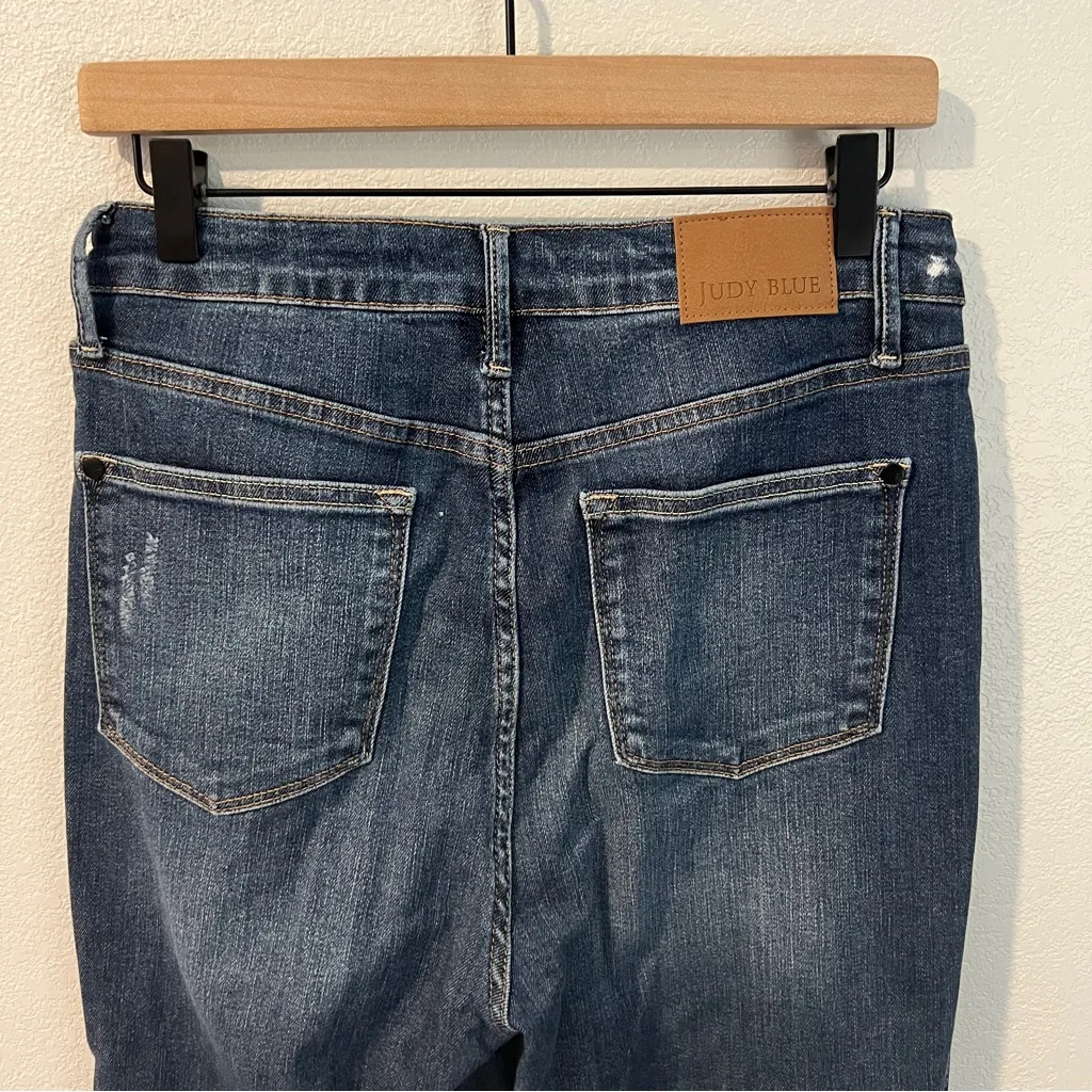 Judy Stretch Medium Wash Blue Ripped‎ Distressed Denim Flare Jeans Size 9 / 29 - Image 8