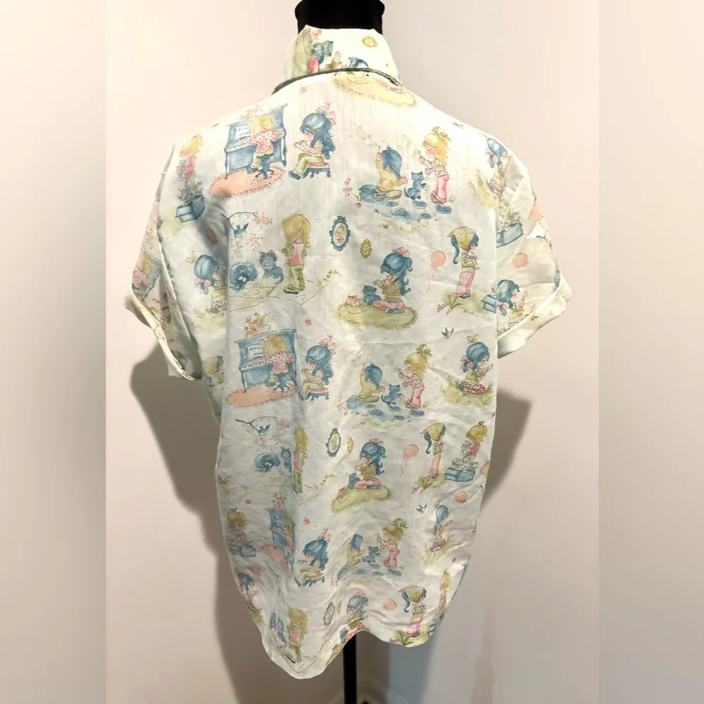 UNBRANDED Vintage 70s Blue S/S Wide Collar Holly Hobby Like Rockabilly Shirt M Size M - Image 4